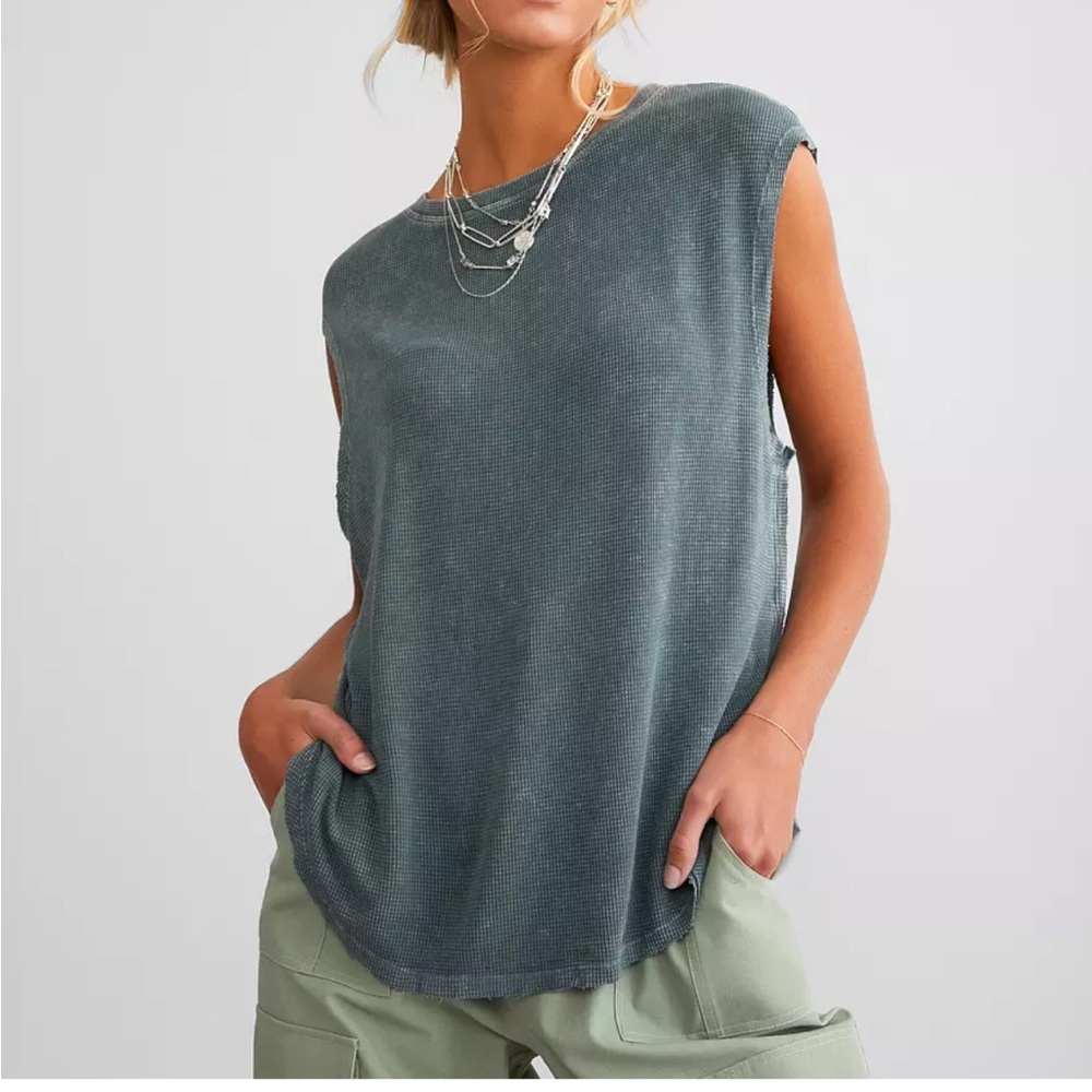 Gilded Intent front Buckle sleeveless waffle distressed top